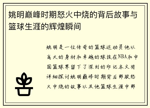 姚明巅峰时期怒火中烧的背后故事与篮球生涯的辉煌瞬间